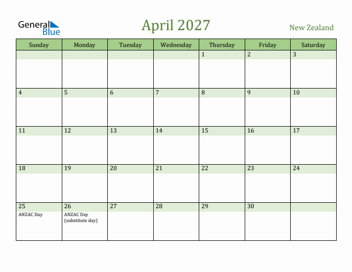April 2027 Calendar with New Zealand Holidays