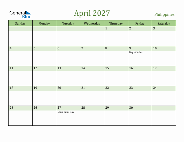 April 2027 Calendar with Philippines Holidays