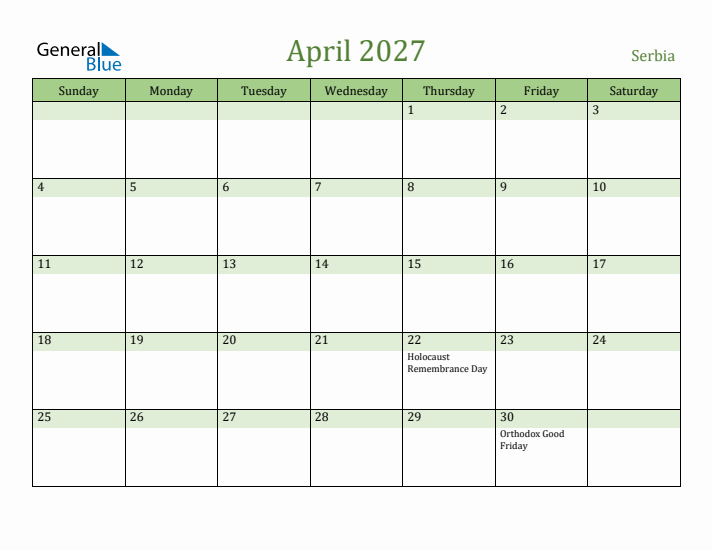 April 2027 Calendar with Serbia Holidays