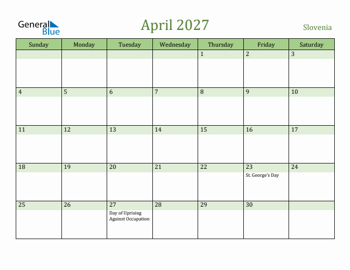 April 2027 Calendar with Slovenia Holidays