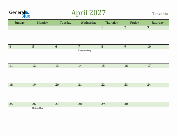April 2027 Calendar with Tanzania Holidays