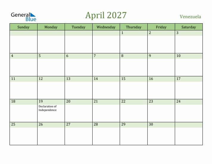 April 2027 Calendar with Venezuela Holidays