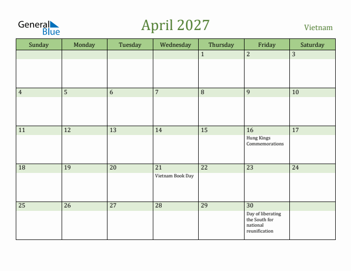 April 2027 Calendar with Vietnam Holidays