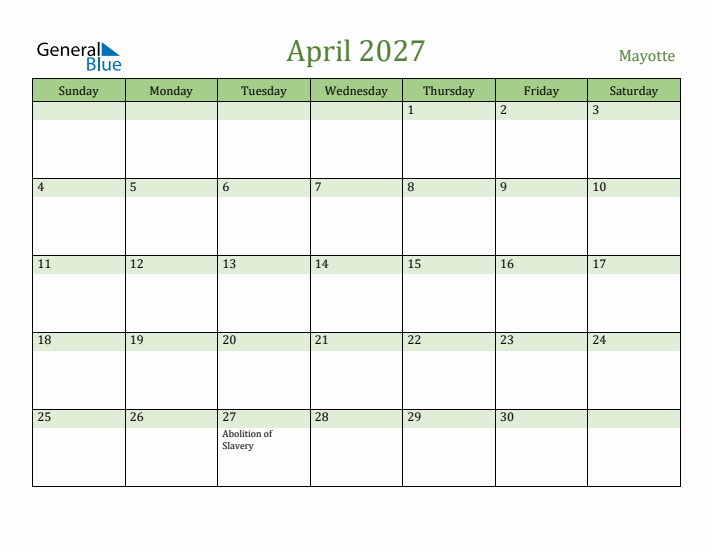 April 2027 Calendar with Mayotte Holidays
