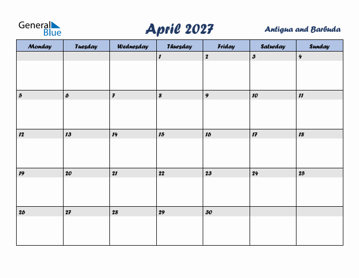 April 2027 Calendar with Holidays in Antigua and Barbuda