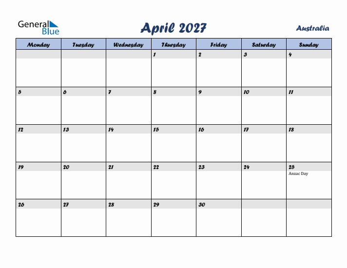 April 2027 Calendar with Holidays in Australia