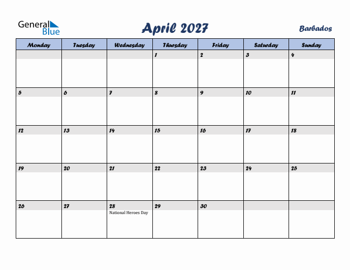 April 2027 Calendar with Holidays in Barbados