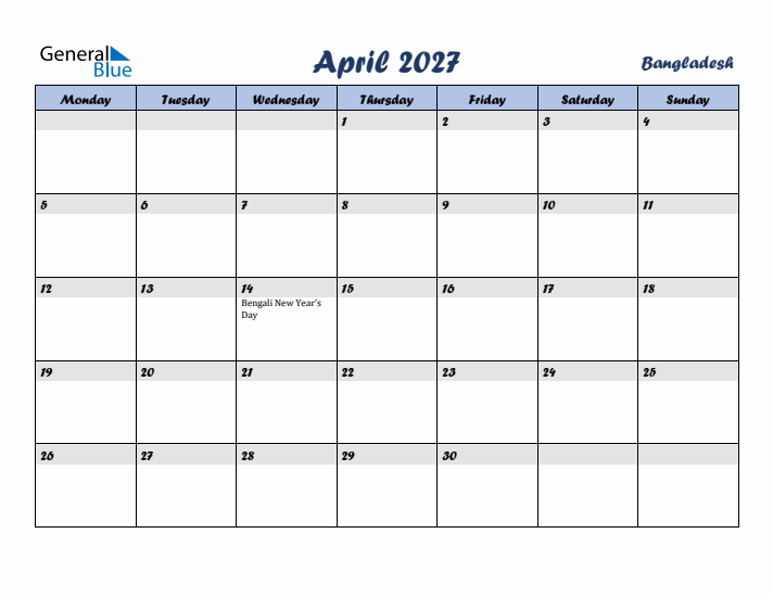 April 2027 Calendar with Holidays in Bangladesh