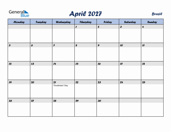 April 2027 Calendar with Holidays in Brazil