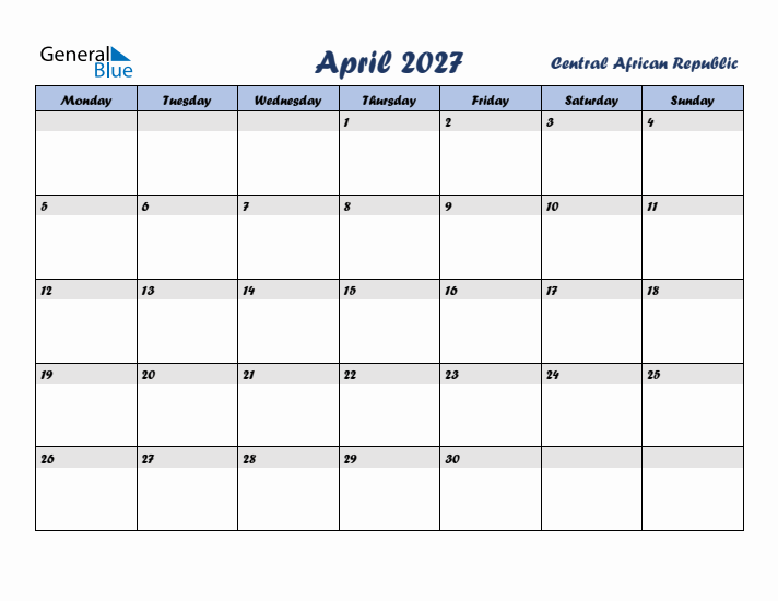April 2027 Calendar with Holidays in Central African Republic