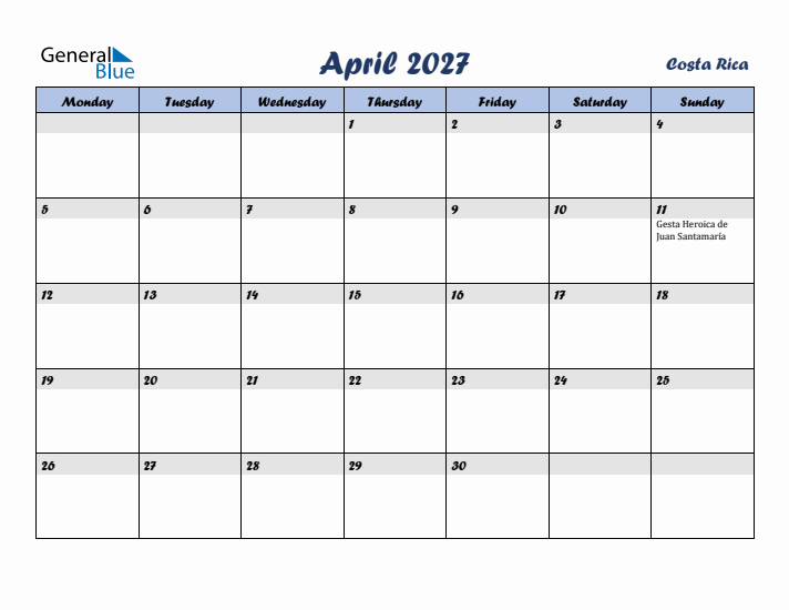 April 2027 Calendar with Holidays in Costa Rica