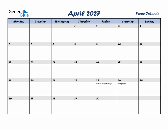 April 2027 Calendar with Holidays in Faroe Islands