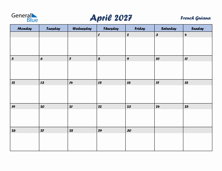 April 2027 Calendar with Holidays in French Guiana