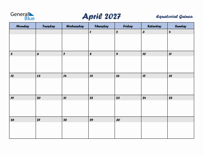 April 2027 Calendar with Holidays in Equatorial Guinea