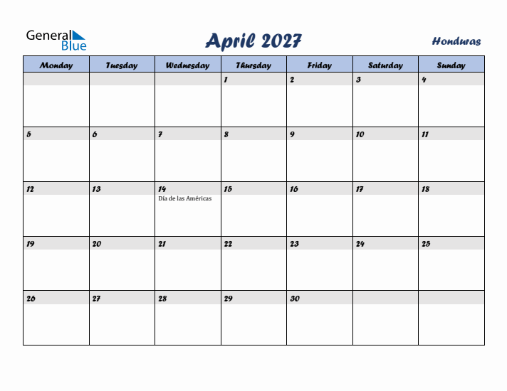April 2027 Calendar with Holidays in Honduras
