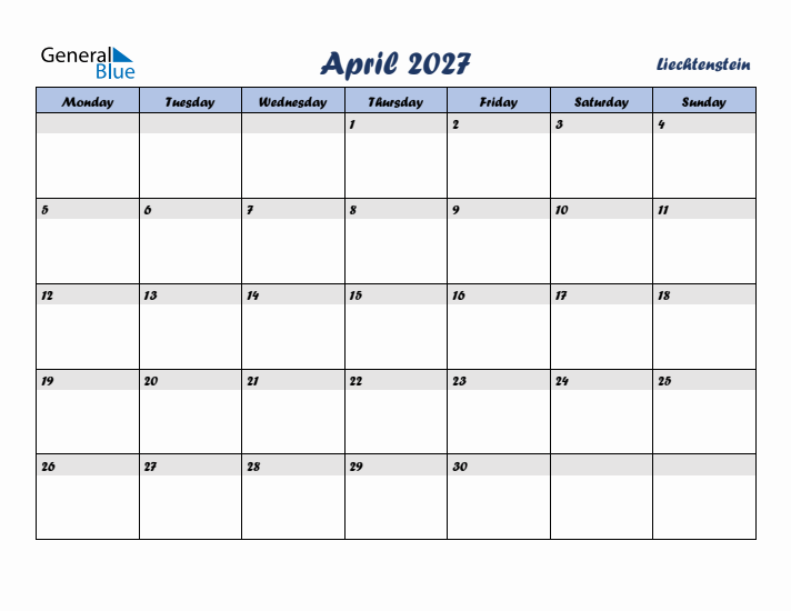 April 2027 Calendar with Holidays in Liechtenstein