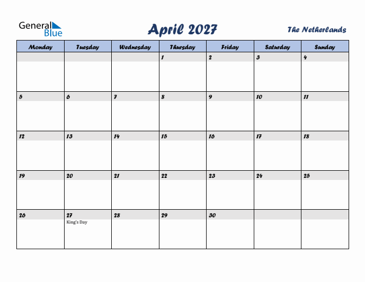 April 2027 Calendar with Holidays in The Netherlands