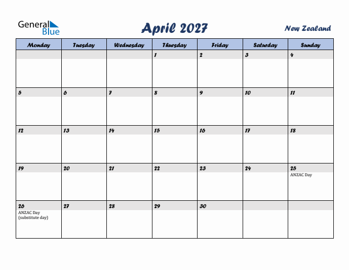 April 2027 Calendar with Holidays in New Zealand