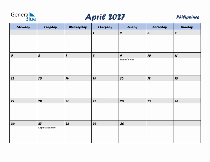 April 2027 Calendar with Holidays in Philippines