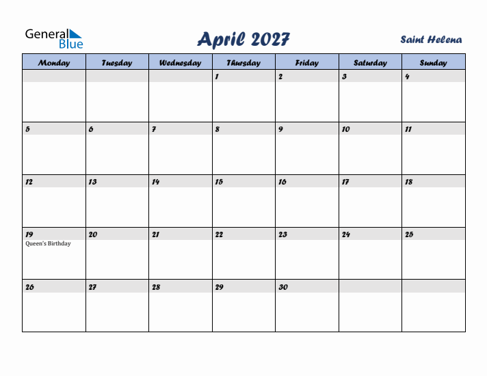 April 2027 Calendar with Holidays in Saint Helena