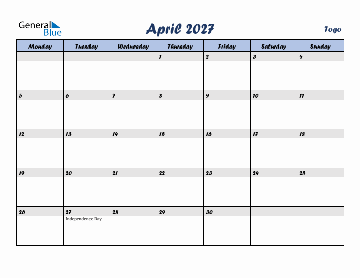April 2027 Calendar with Holidays in Togo