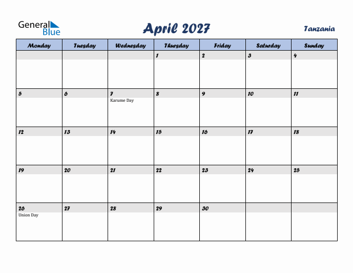 April 2027 Calendar with Holidays in Tanzania