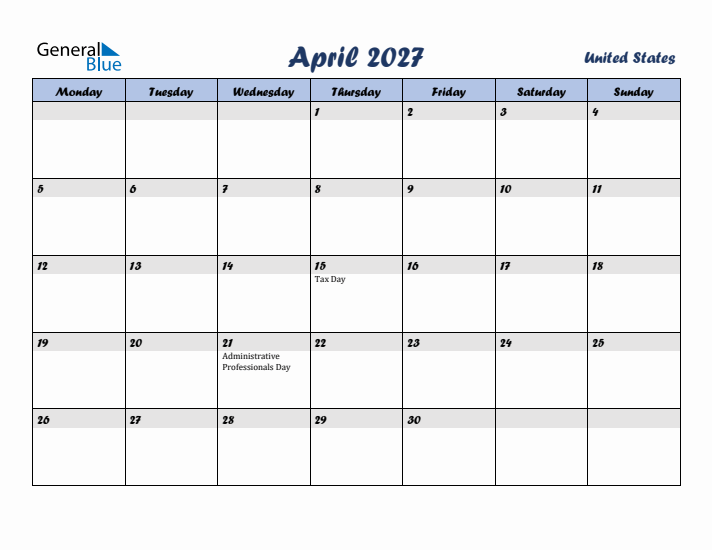 April 2027 Calendar with Holidays in United States