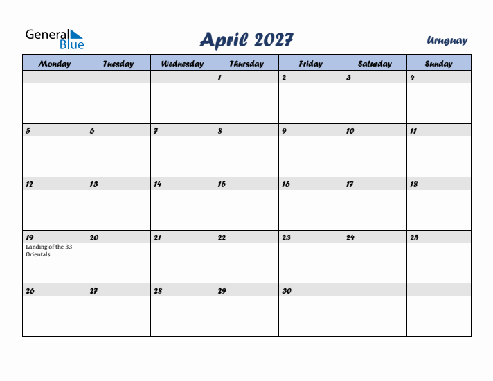April 2027 Calendar with Holidays in Uruguay