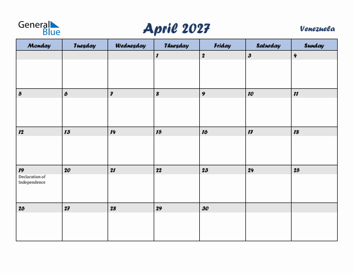 April 2027 Calendar with Holidays in Venezuela