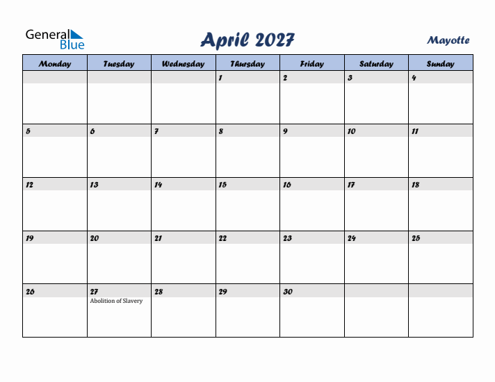 April 2027 Calendar with Holidays in Mayotte
