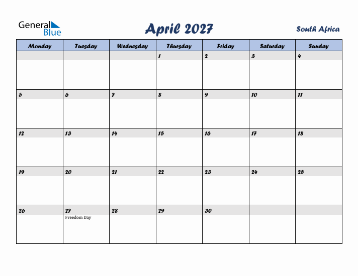 April 2027 Calendar with Holidays in South Africa