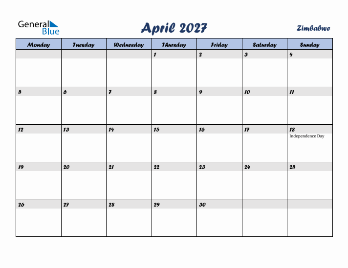 April 2027 Calendar with Holidays in Zimbabwe