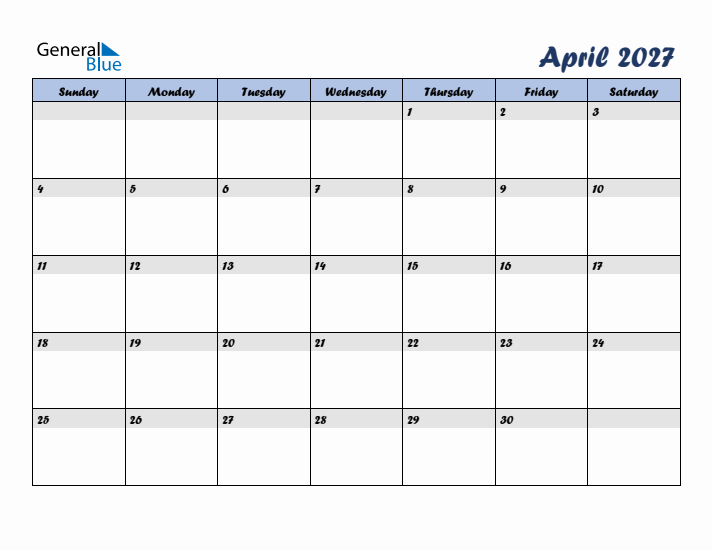 April 2027 Blue Calendar (Sunday Start)