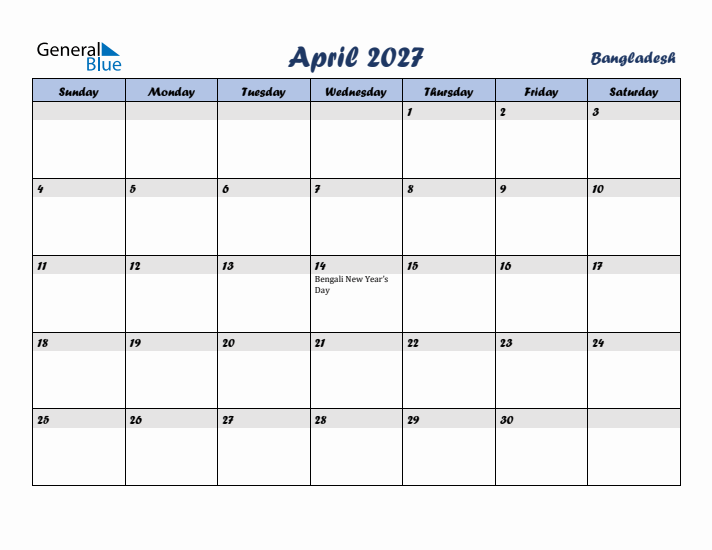 April 2027 Calendar with Holidays in Bangladesh