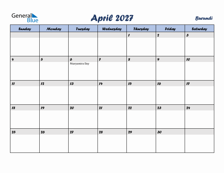 April 2027 Calendar with Holidays in Burundi
