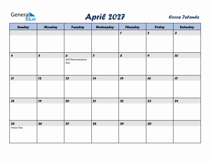 April 2027 Calendar with Holidays in Cocos Islands