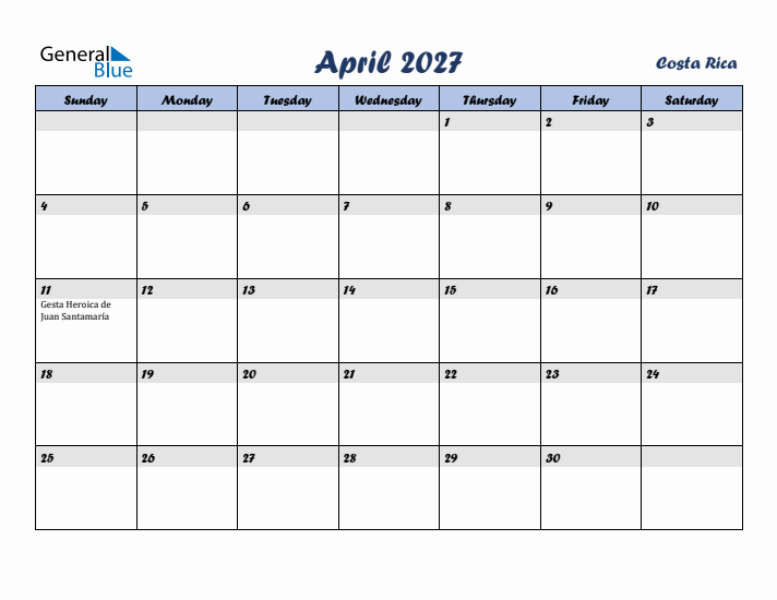 April 2027 Calendar with Holidays in Costa Rica