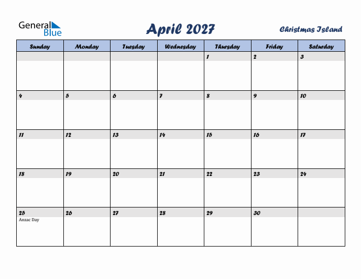 April 2027 Calendar with Holidays in Christmas Island
