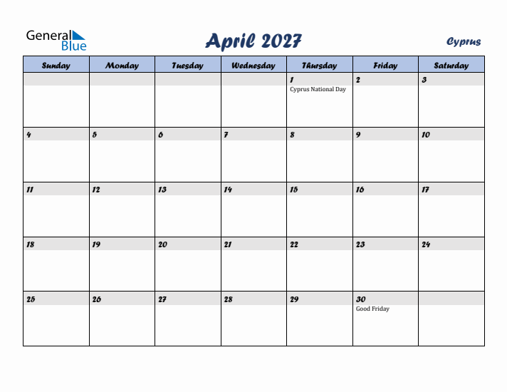 April 2027 Calendar with Holidays in Cyprus