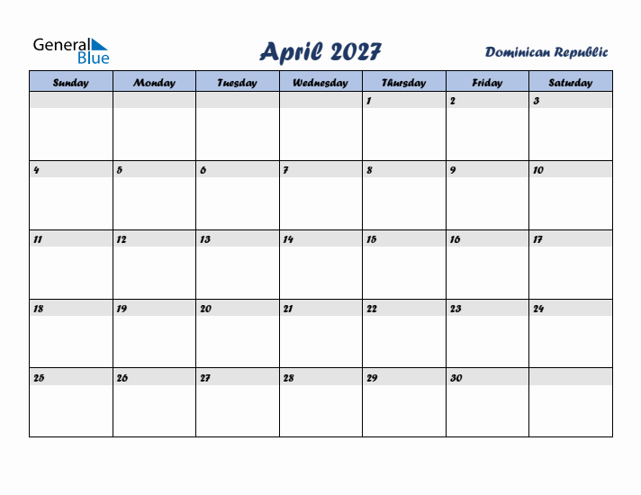 April 2027 Calendar with Holidays in Dominican Republic