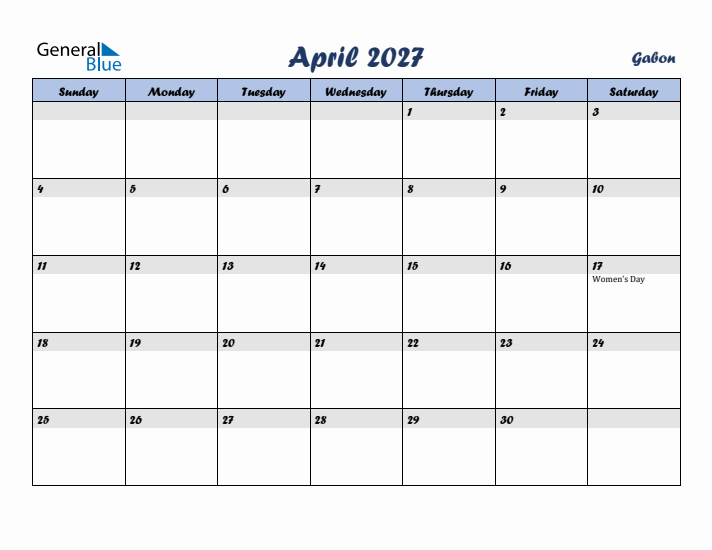 April 2027 Calendar with Holidays in Gabon