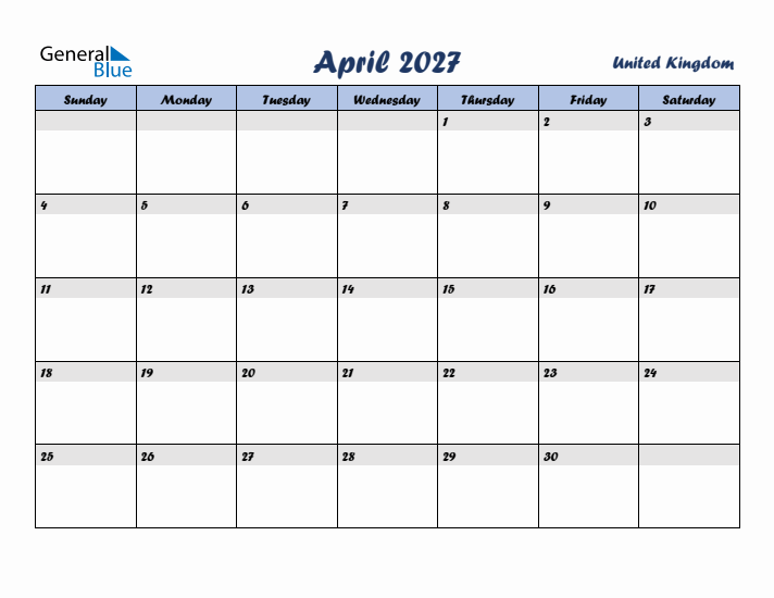April 2027 Calendar with Holidays in United Kingdom