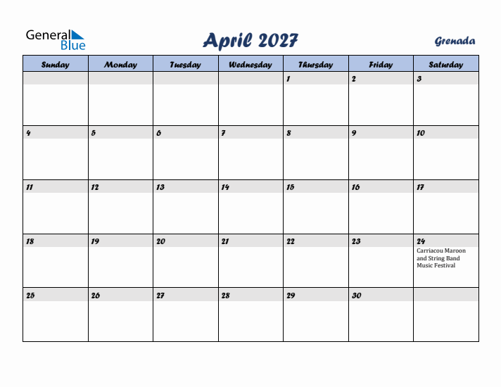 April 2027 Calendar with Holidays in Grenada