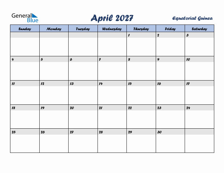 April 2027 Calendar with Holidays in Equatorial Guinea