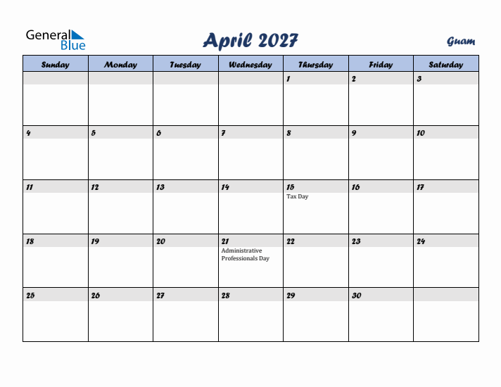 April 2027 Calendar with Holidays in Guam