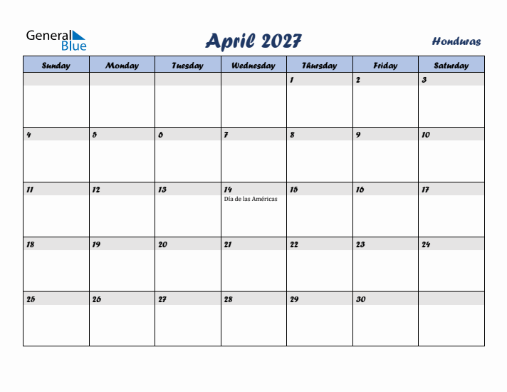 April 2027 Calendar with Holidays in Honduras