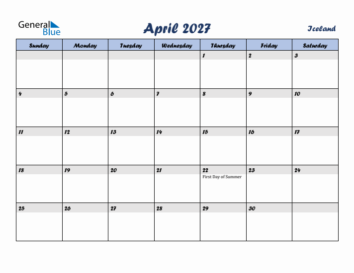 April 2027 Calendar with Holidays in Iceland