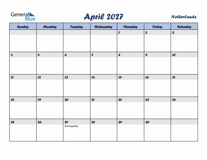 April 2027 Calendar with Holidays in The Netherlands