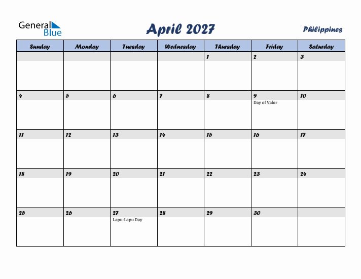 April 2027 Calendar with Holidays in Philippines