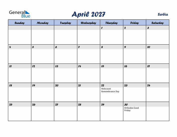 April 2027 Calendar with Holidays in Serbia